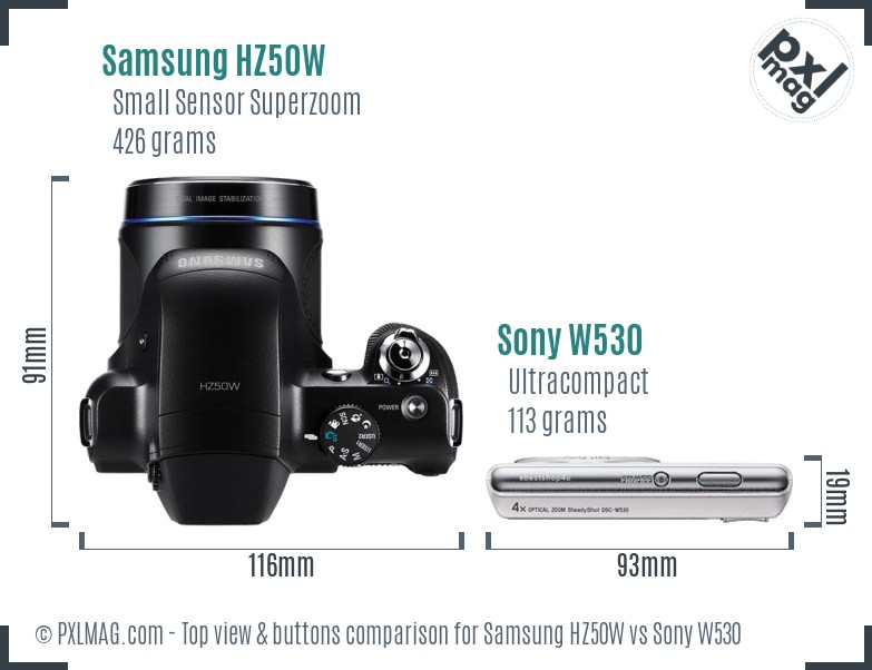 Samsung HZ50W vs Sony W530 top view buttons comparison