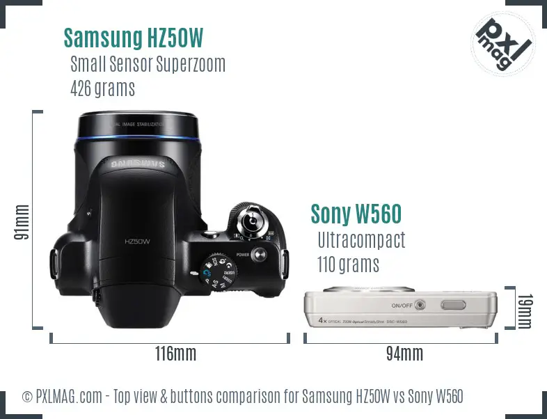 Samsung HZ50W vs Sony W560 top view buttons comparison