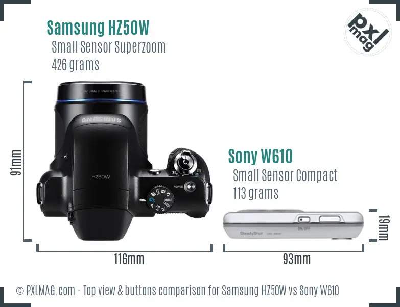 Samsung HZ50W vs Sony W610 top view buttons comparison