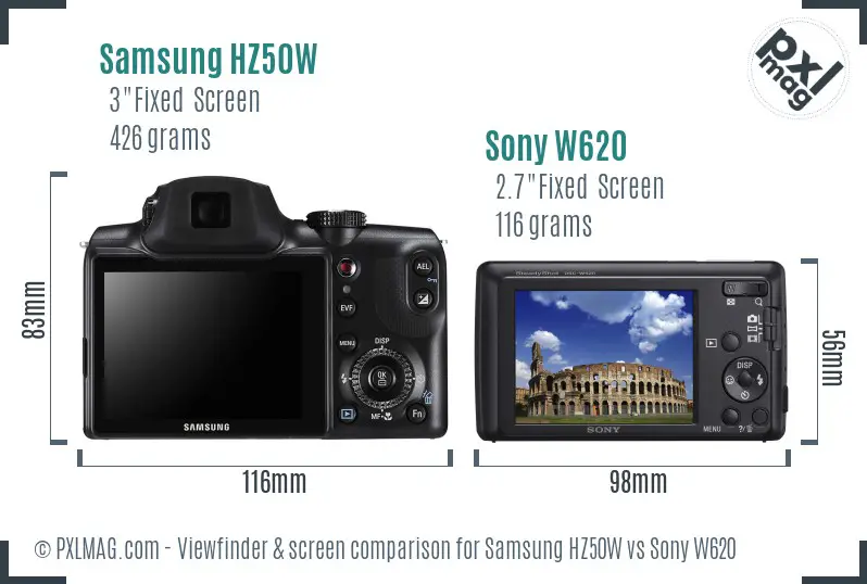 Samsung HZ50W vs Sony W620 Screen and Viewfinder comparison