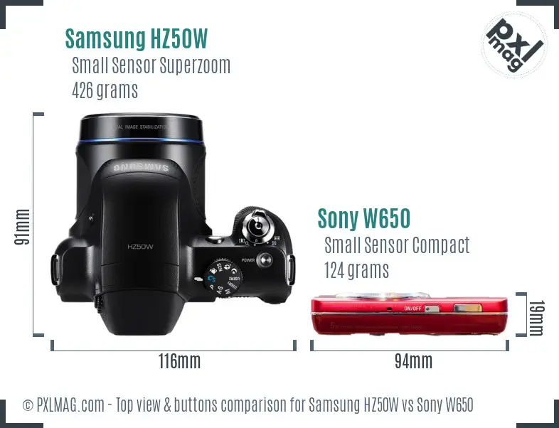 Samsung HZ50W vs Sony W650 top view buttons comparison
