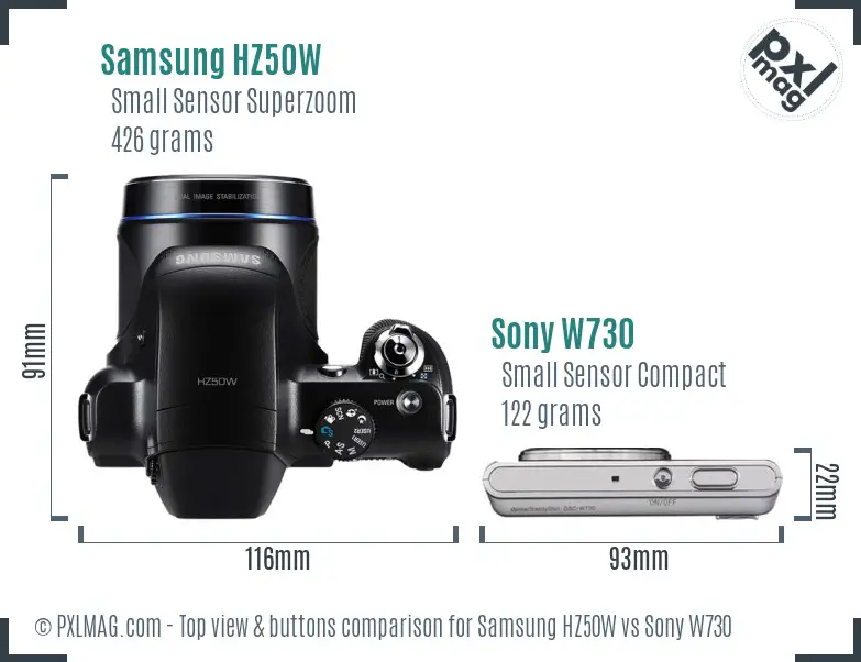 Samsung HZ50W vs Sony W730 top view buttons comparison