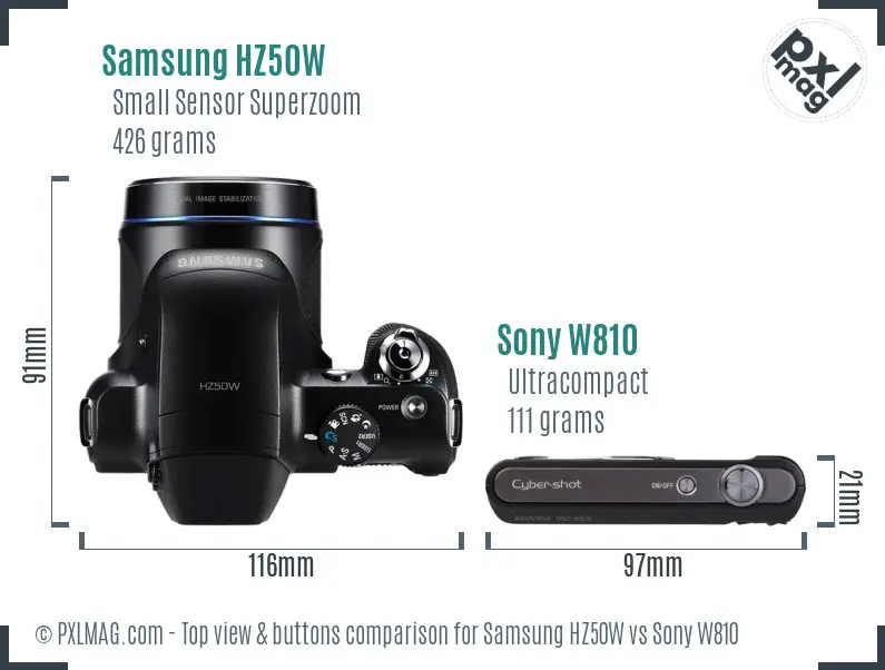 Samsung HZ50W vs Sony W810 top view buttons comparison