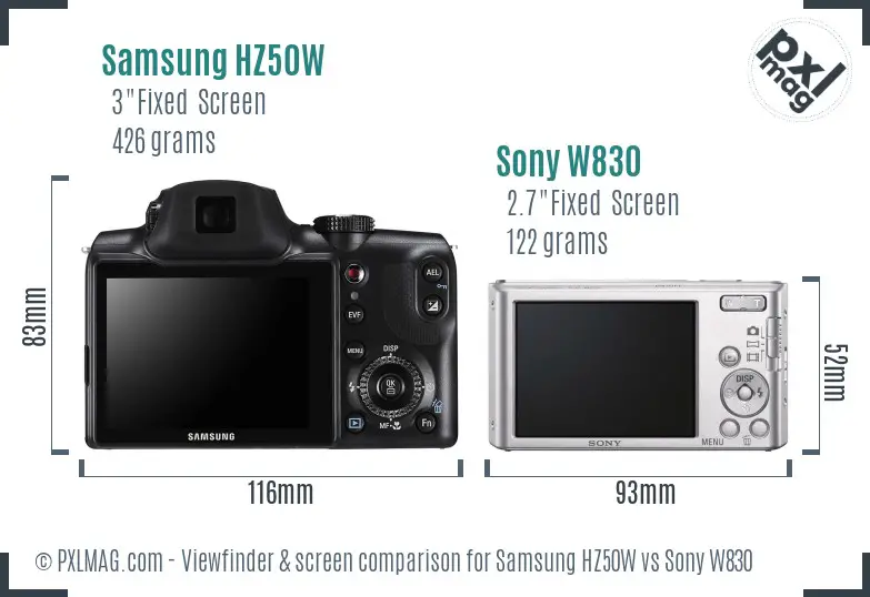 Samsung HZ50W vs Sony W830 Screen and Viewfinder comparison