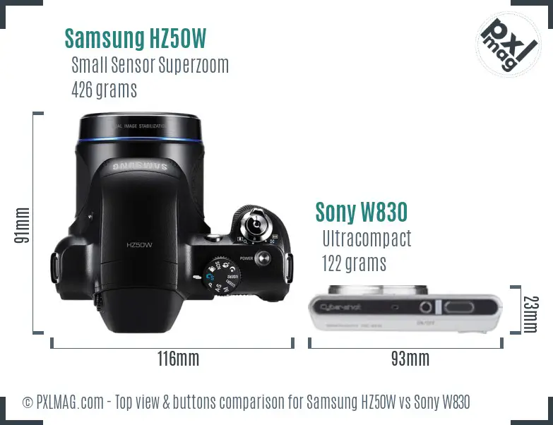 Samsung HZ50W vs Sony W830 top view buttons comparison