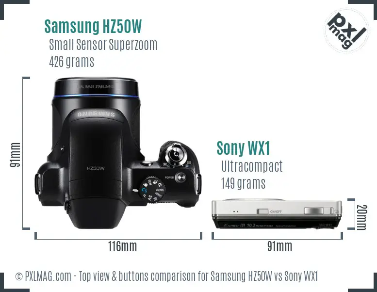 Samsung HZ50W vs Sony WX1 top view buttons comparison