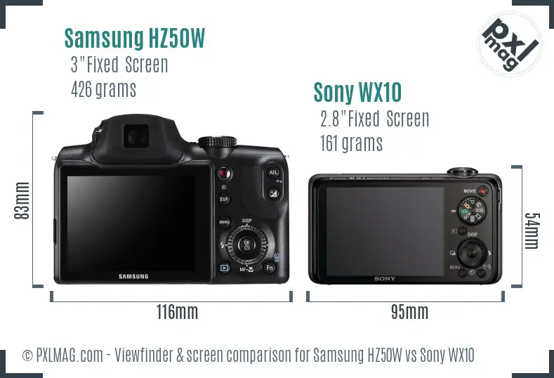 Samsung HZ50W vs Sony WX10 Screen and Viewfinder comparison