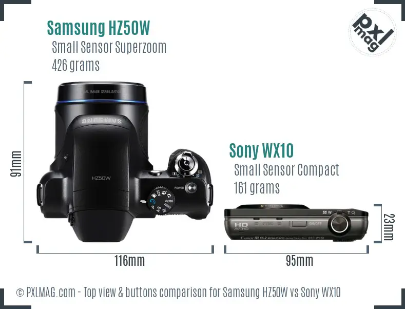 Samsung HZ50W vs Sony WX10 top view buttons comparison