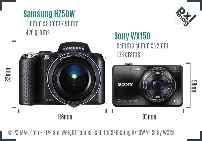 Samsung HZ50W vs Sony WX150 size comparison