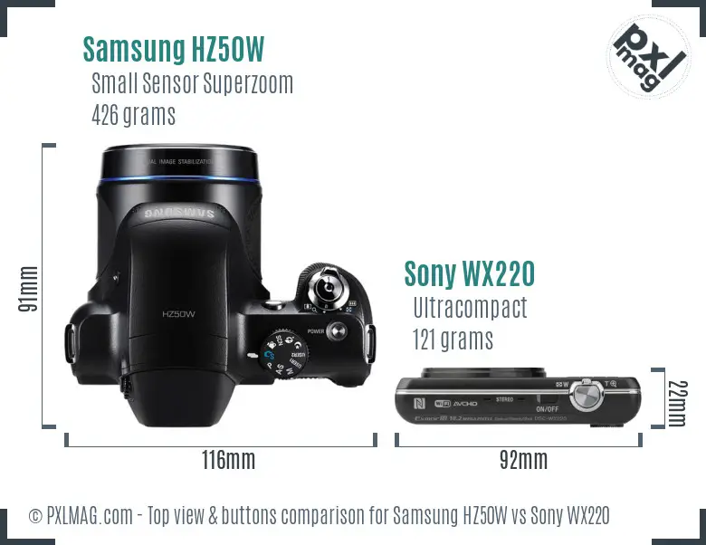Samsung HZ50W vs Sony WX220 top view buttons comparison