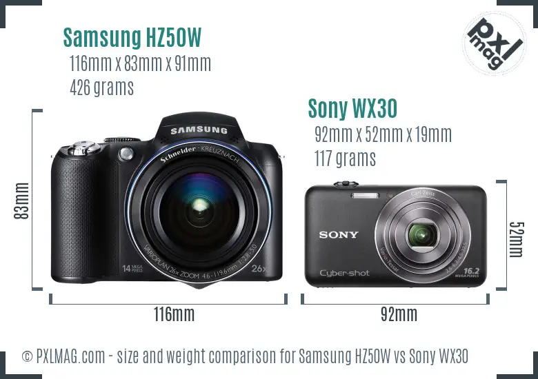 Samsung HZ50W vs Sony WX30 size comparison