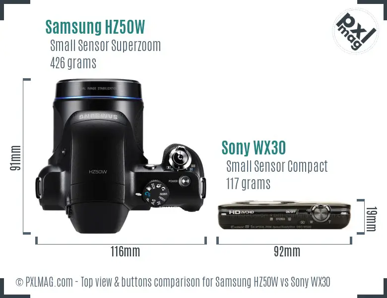 Samsung HZ50W vs Sony WX30 top view buttons comparison