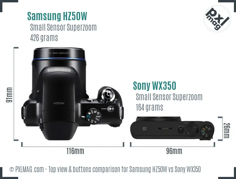 Samsung HZ50W vs Sony WX350 top view buttons comparison