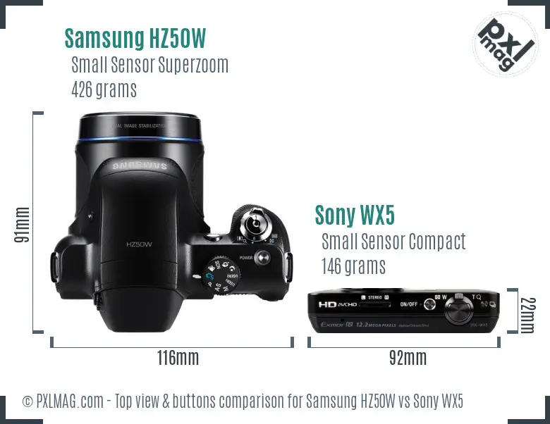 Samsung HZ50W vs Sony WX5 top view buttons comparison