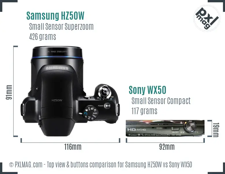 Samsung HZ50W vs Sony WX50 top view buttons comparison