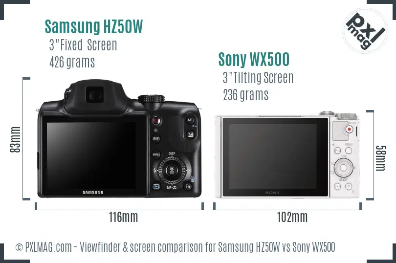 Samsung HZ50W vs Sony WX500 Screen and Viewfinder comparison