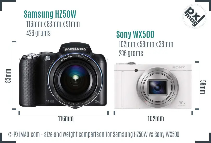 Samsung HZ50W vs Sony WX500 size comparison
