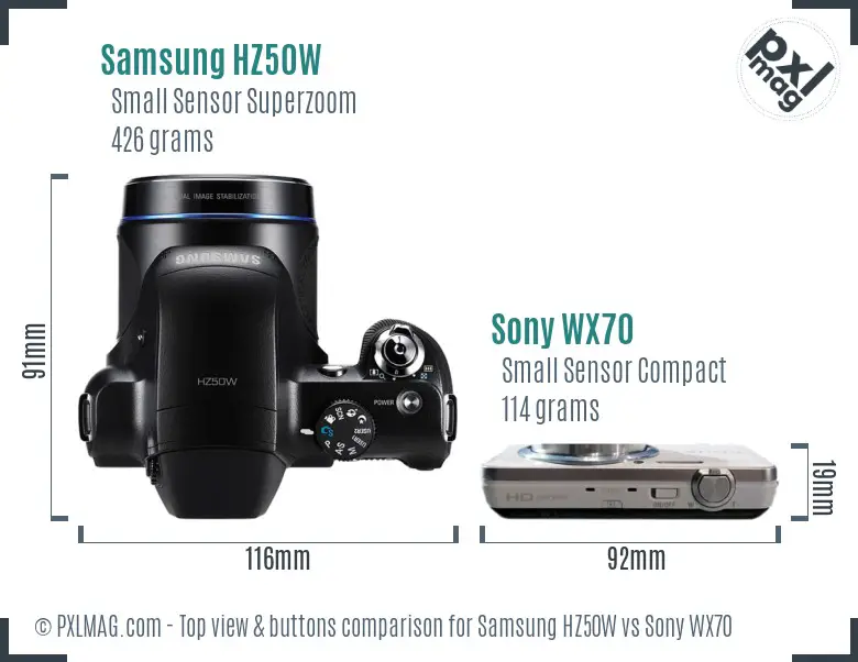 Samsung HZ50W vs Sony WX70 top view buttons comparison