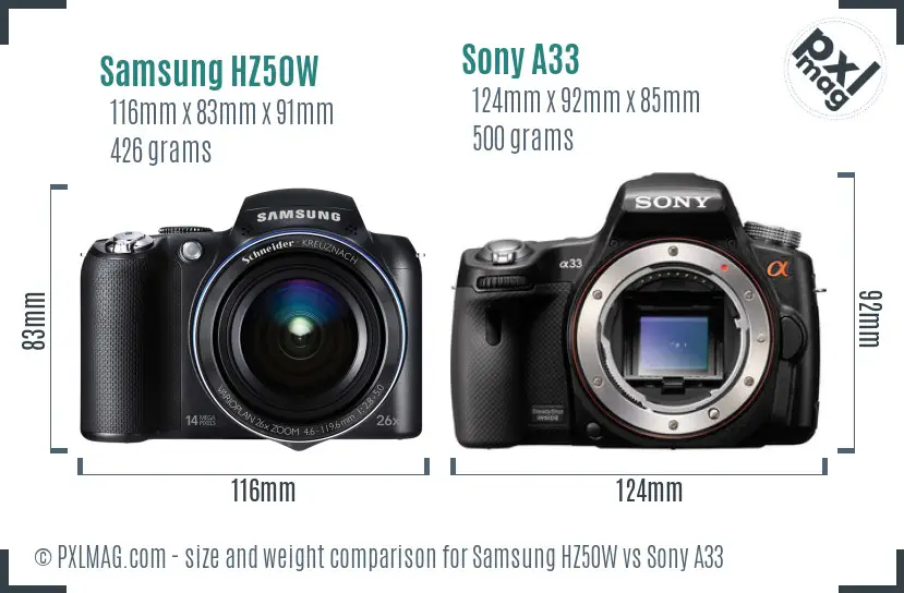 Samsung HZ50W vs Sony A33 size comparison