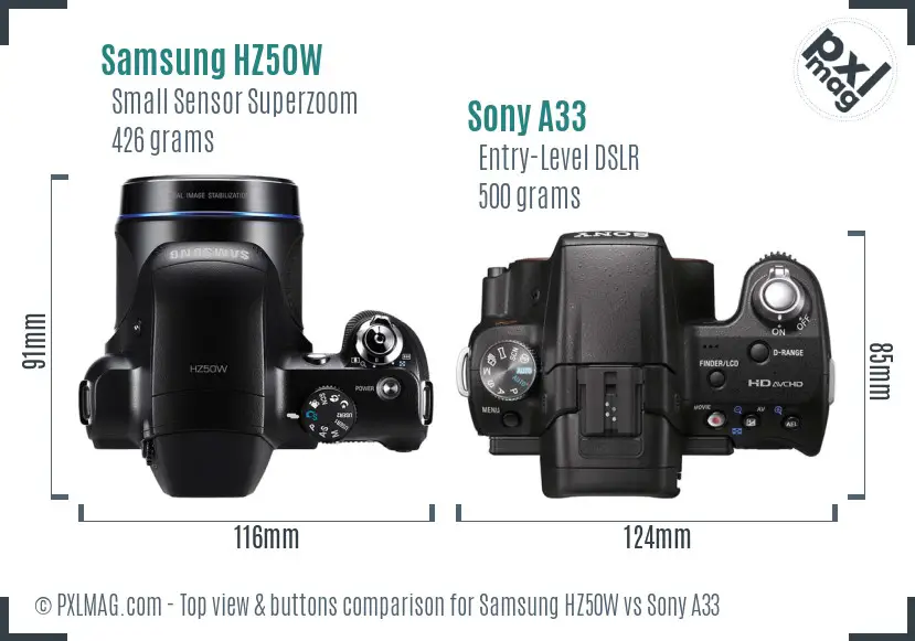 Samsung HZ50W vs Sony A33 top view buttons comparison