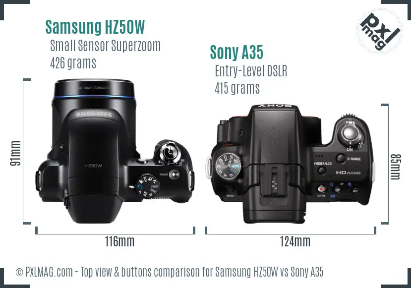 Samsung HZ50W vs Sony A35 top view buttons comparison