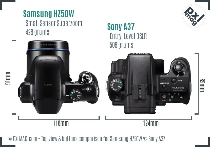 Samsung HZ50W vs Sony A37 top view buttons comparison