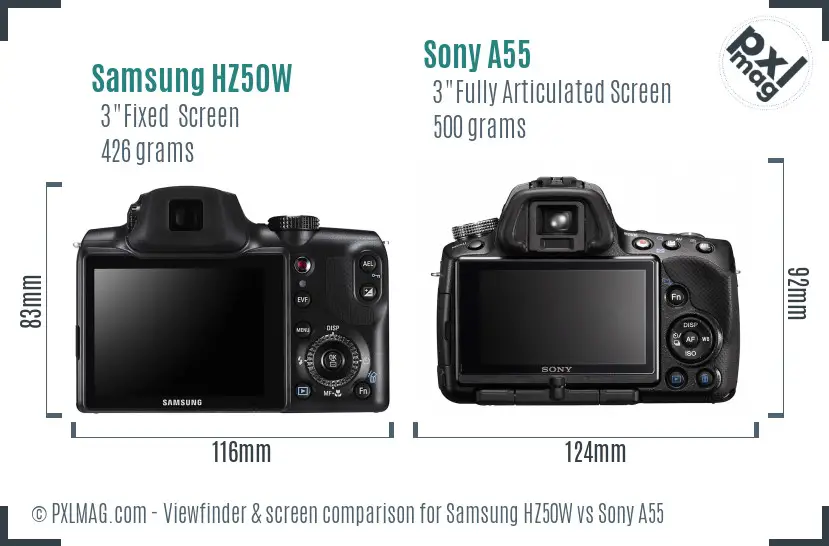 Samsung HZ50W vs Sony A55 Screen and Viewfinder comparison