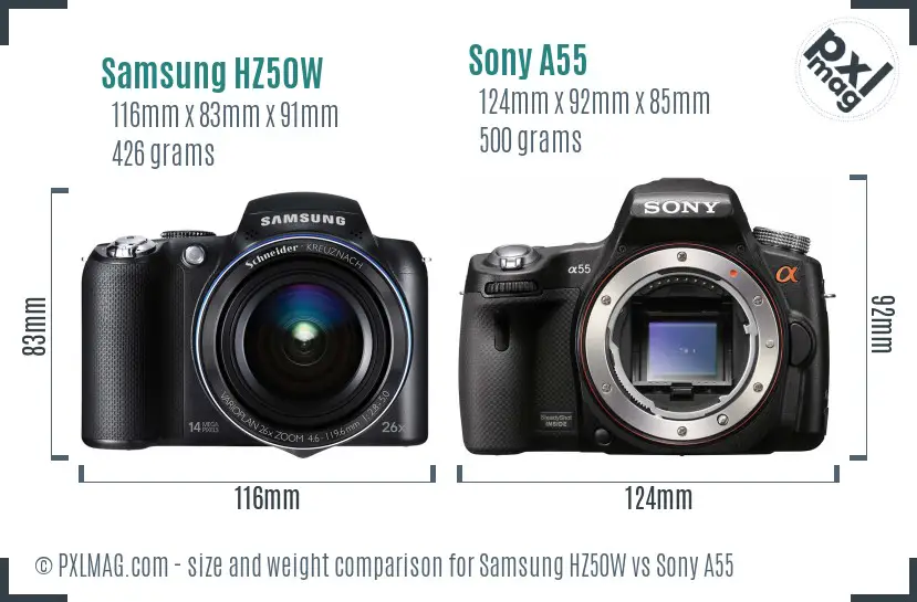 Samsung HZ50W vs Sony A55 size comparison