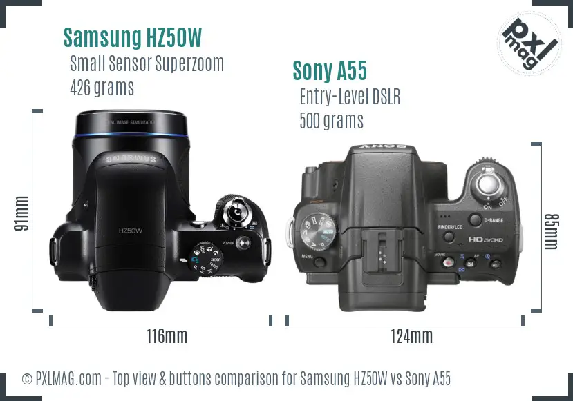 Samsung HZ50W vs Sony A55 top view buttons comparison
