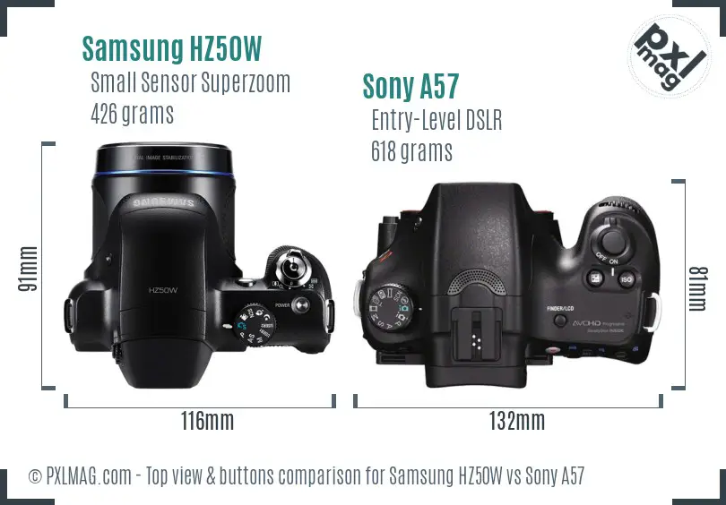 Samsung HZ50W vs Sony A57 top view buttons comparison