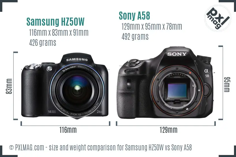 Samsung HZ50W vs Sony A58 size comparison