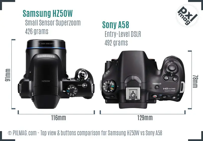 Samsung HZ50W vs Sony A58 top view buttons comparison