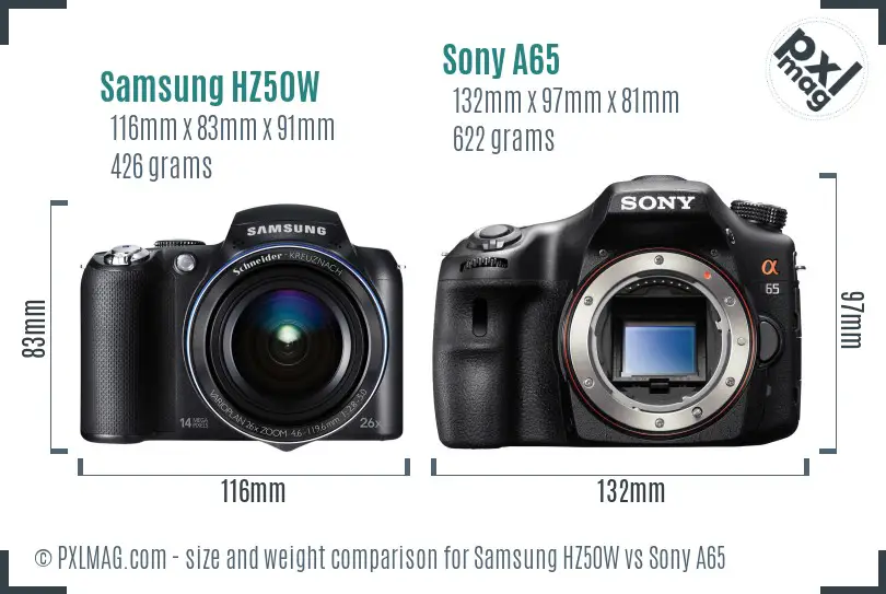 Samsung HZ50W vs Sony A65 size comparison