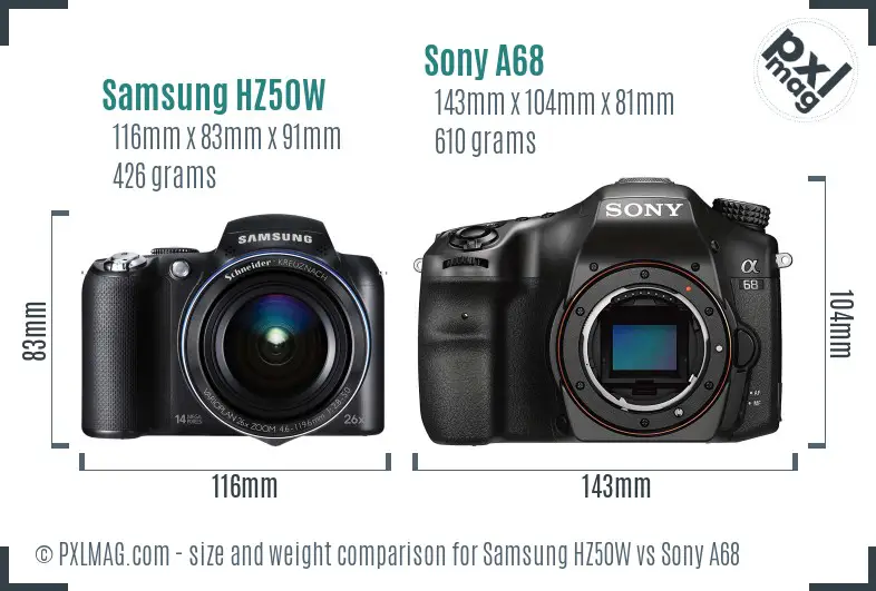 Samsung HZ50W vs Sony A68 size comparison