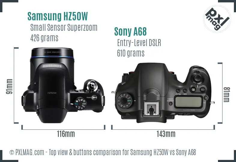 Samsung HZ50W vs Sony A68 top view buttons comparison