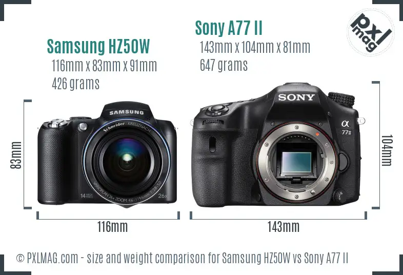 Samsung HZ50W vs Sony A77 II size comparison