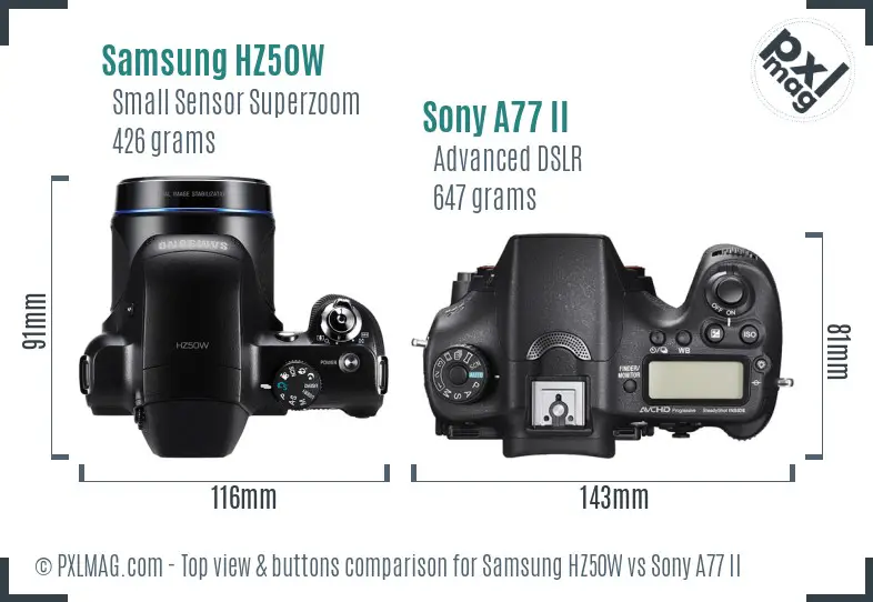 Samsung HZ50W vs Sony A77 II top view buttons comparison