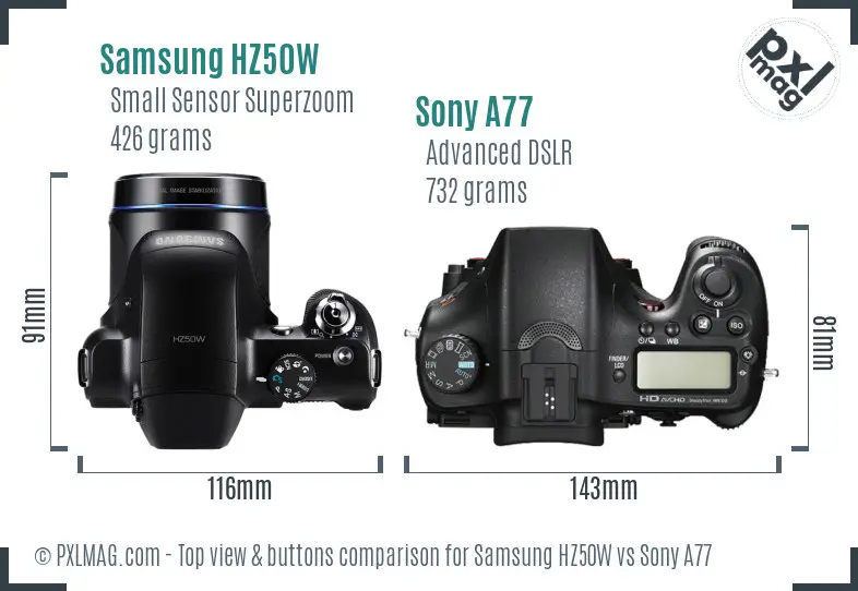 Samsung HZ50W vs Sony A77 top view buttons comparison