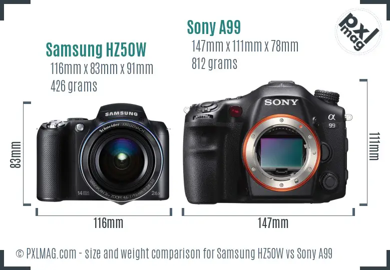 Samsung HZ50W vs Sony A99 size comparison