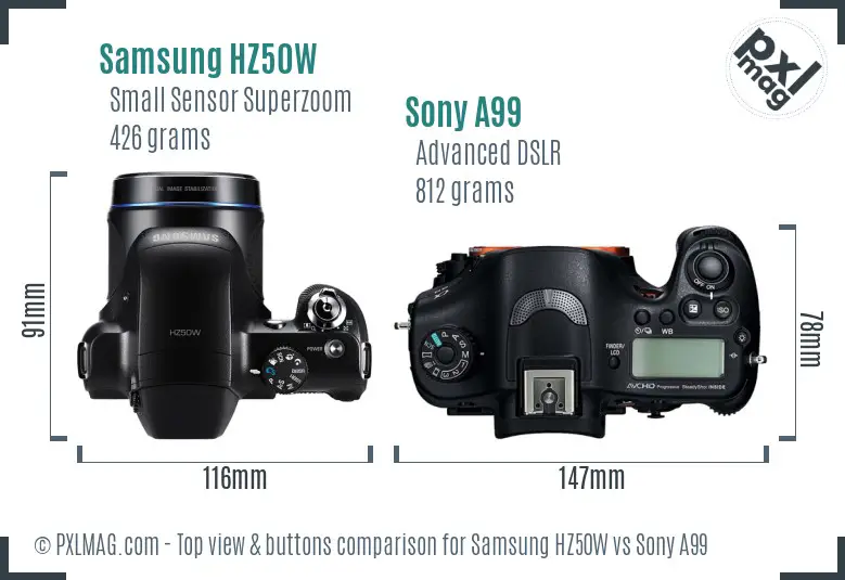 Samsung HZ50W vs Sony A99 top view buttons comparison