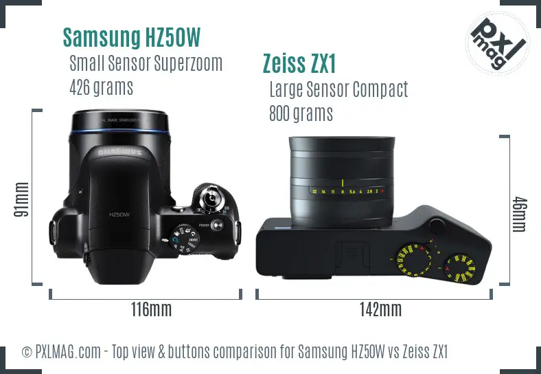Samsung HZ50W vs Zeiss ZX1 top view buttons comparison