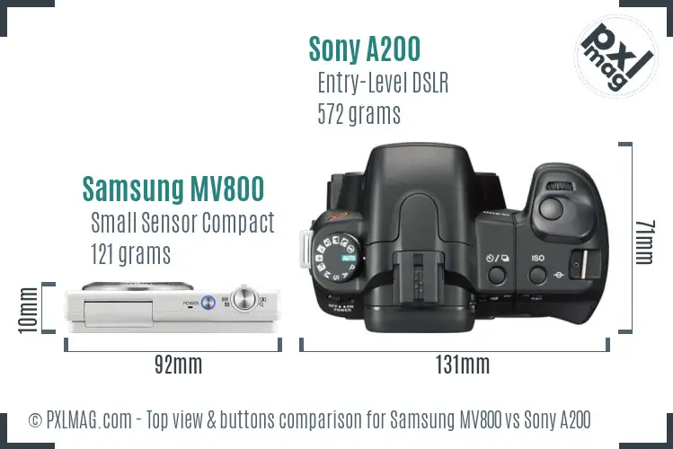 Samsung MV800 vs Sony A200 top view buttons comparison Samsung MV800 vs Sony A200 top view buttons comparison