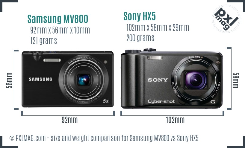 Samsung MV800 vs Sony HX5 size comparison