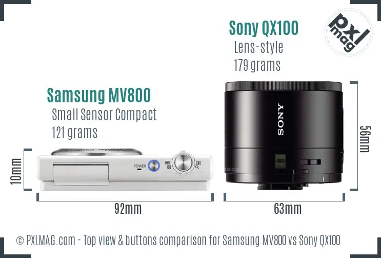 Samsung MV800 vs Sony QX100 top view buttons comparison