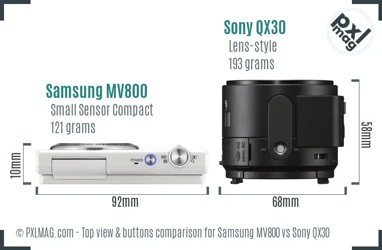 Samsung MV800 vs Sony QX30 top view buttons comparison