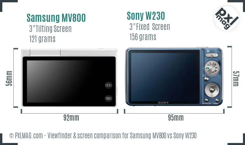 Samsung MV800 vs Sony W230 Screen and Viewfinder comparison