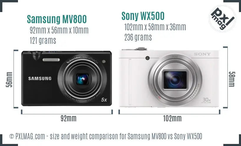 Samsung MV800 vs Sony WX500 size comparison