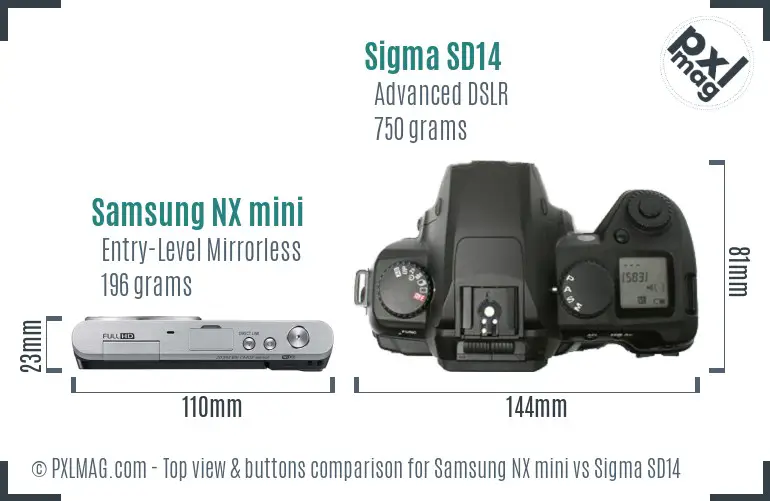 Samsung NX mini vs Sigma SD14 top view buttons comparison