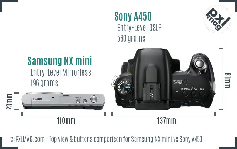 Samsung NX mini vs Sony A450 top view buttons comparison