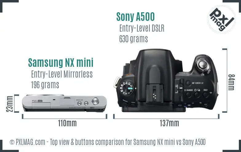 Samsung NX mini vs Sony A500 top view buttons comparison